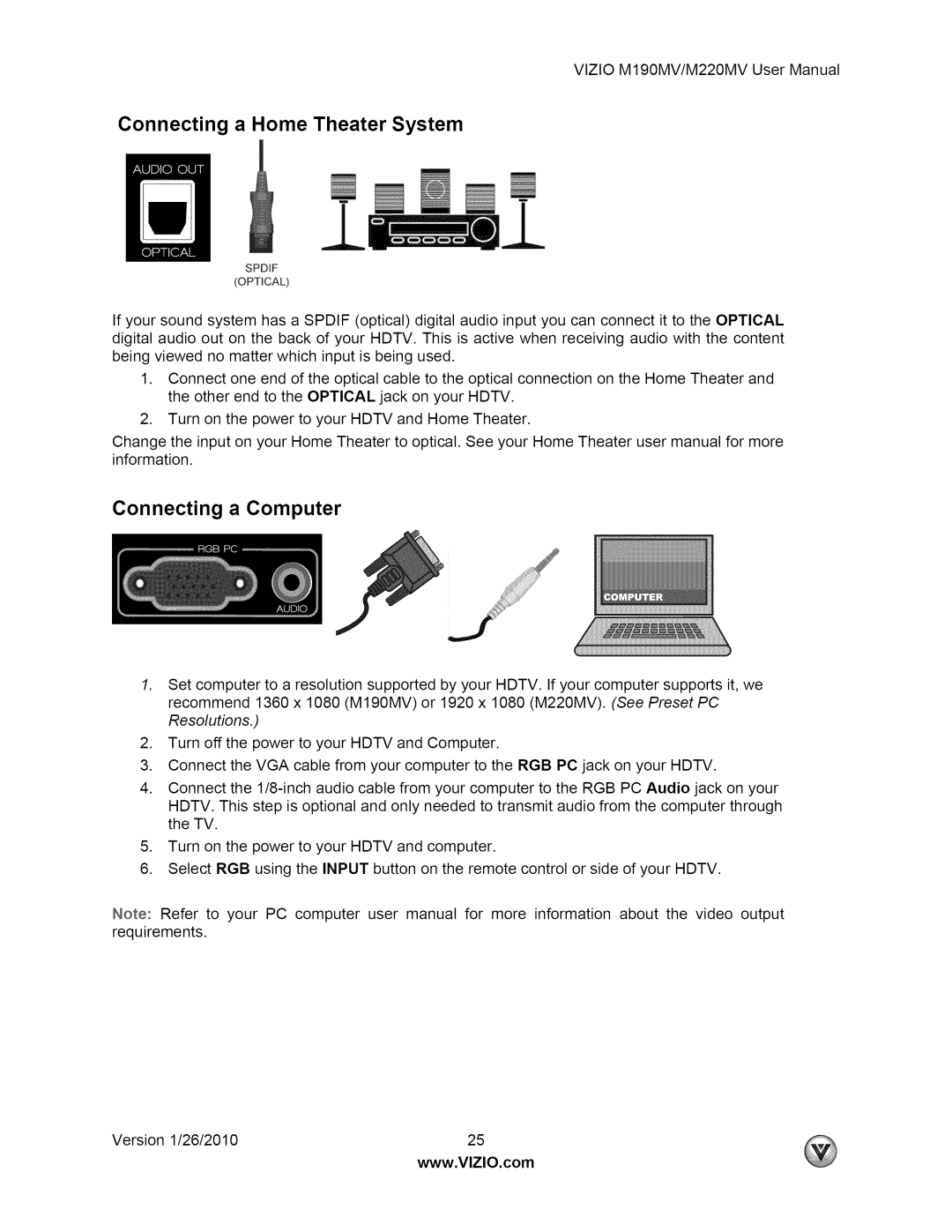 Vizio M190MV user manual Connecting a Home Theater System, Connecting a Computer 