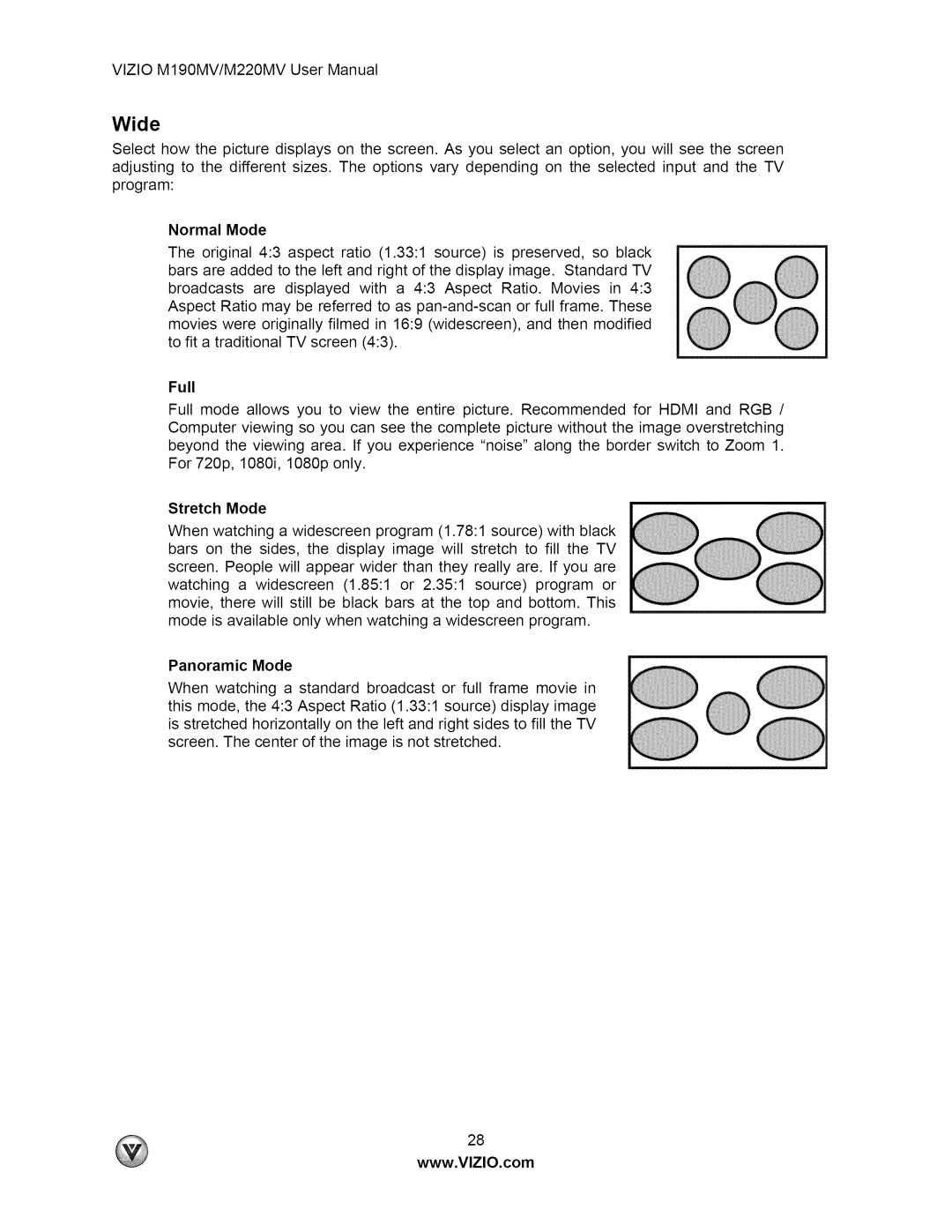 Vizio M190MV user manual Wide, Normal Mode, Full, Stretch Mode, Panoramic Mode 