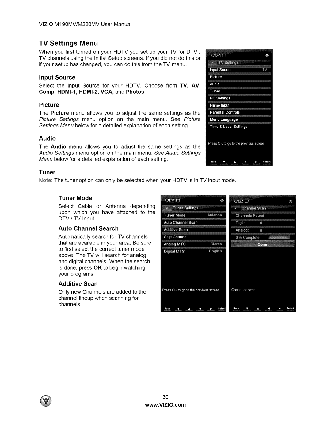 Vizio M190MV user manual TV Settings Menu 