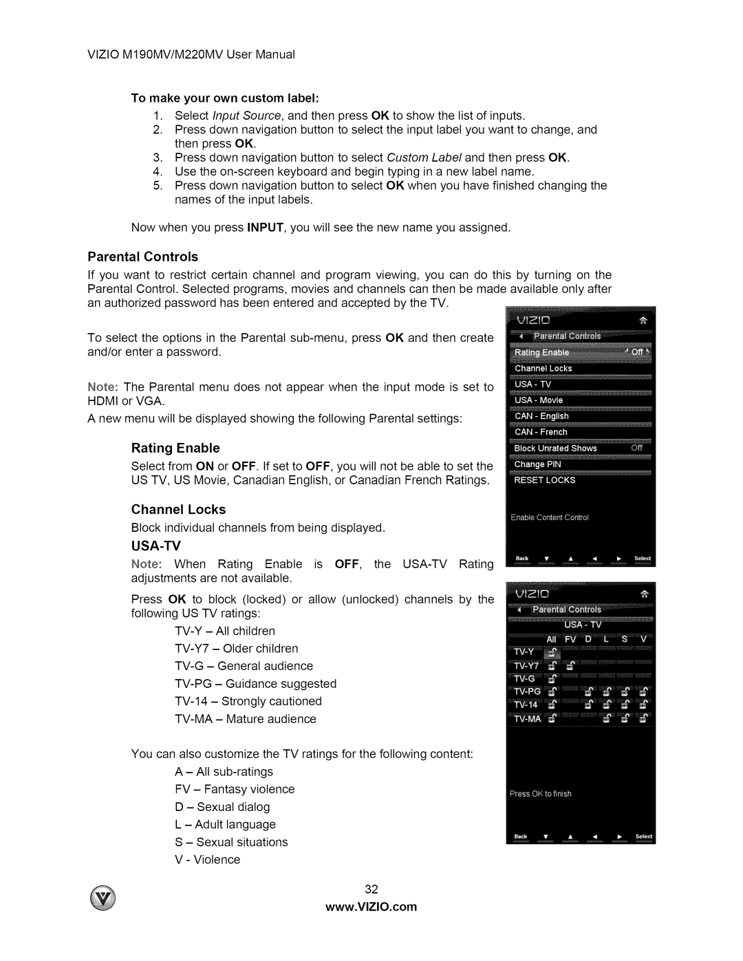 Vizio M190MV user manual Tomake your own custom label, Parental Controls, Rating Enable 