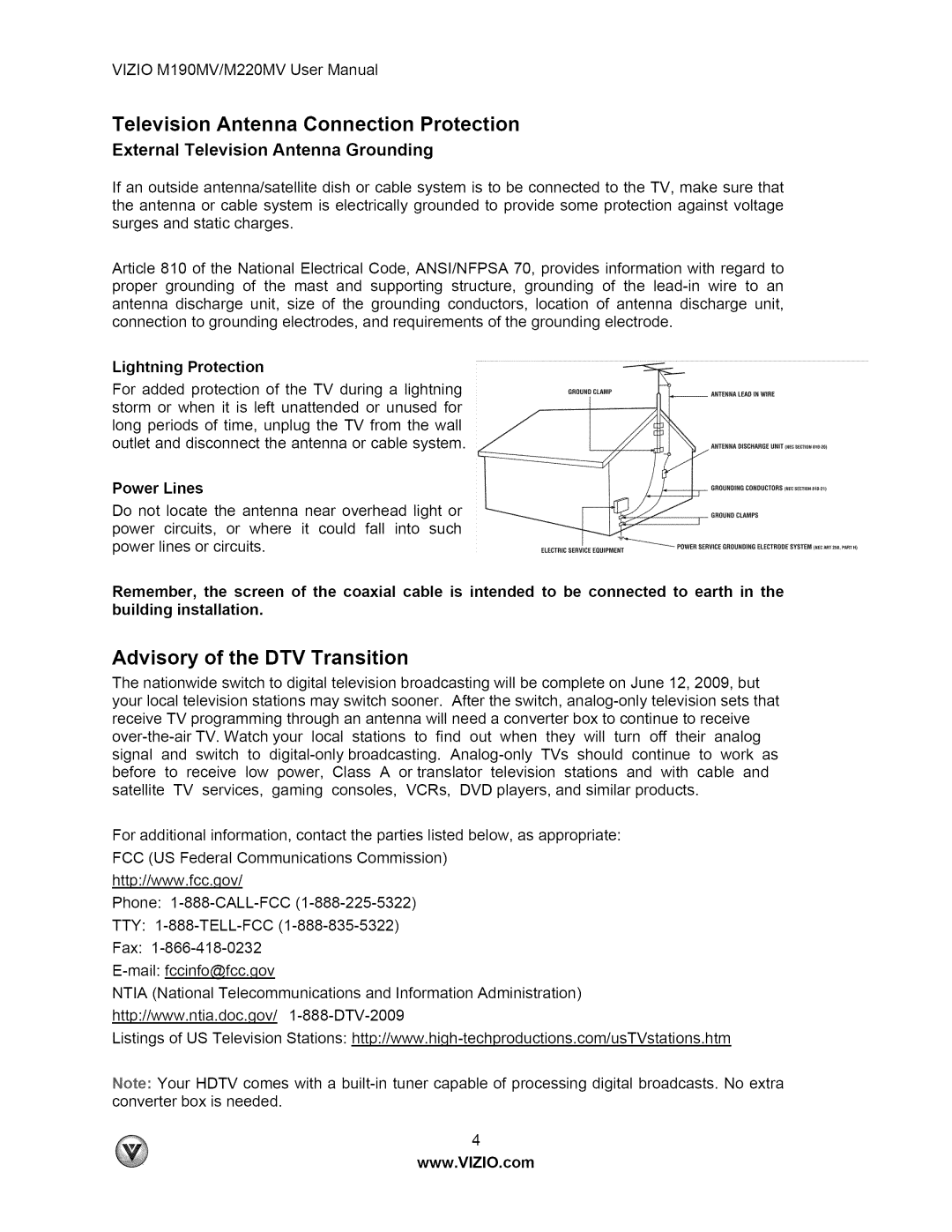 Vizio M190MV user manual Television Antenna Connection Protection, Advisory of the DTV Transition 