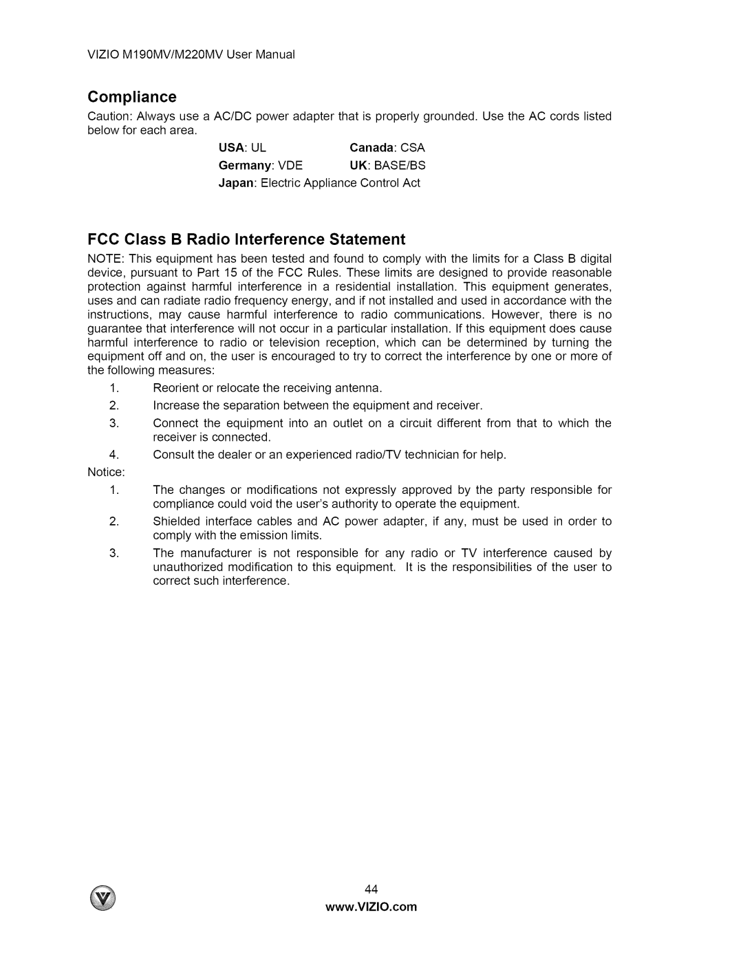 Vizio M190MV user manual Compliance, FCC Class B Radio Interference Statement 