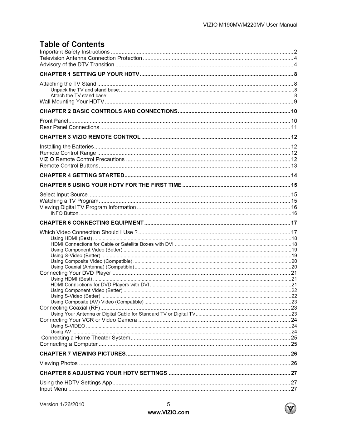 Vizio M190MV user manual Contents 