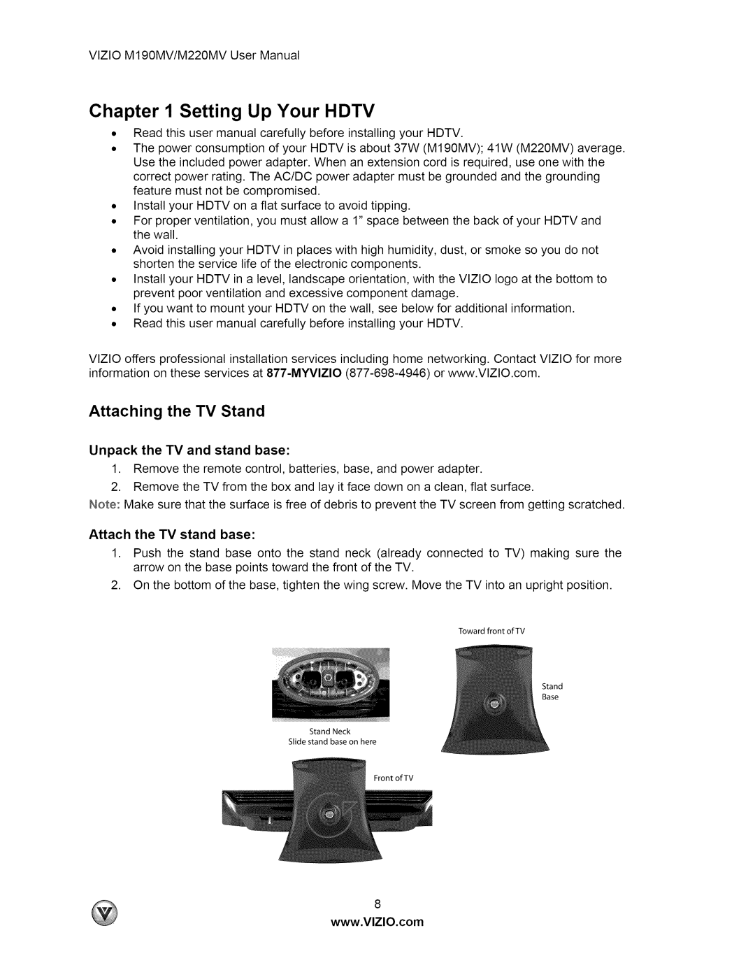 Vizio M190MV user manual Chapter I Setting Up Your Hdtv, Attaching the TV Stand, Unpack the TV and stand base 