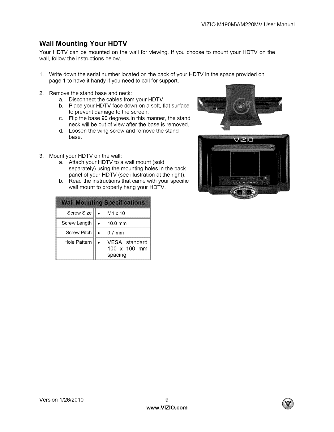 Vizio M190MV user manual Wall Mounting Your Hdtv 