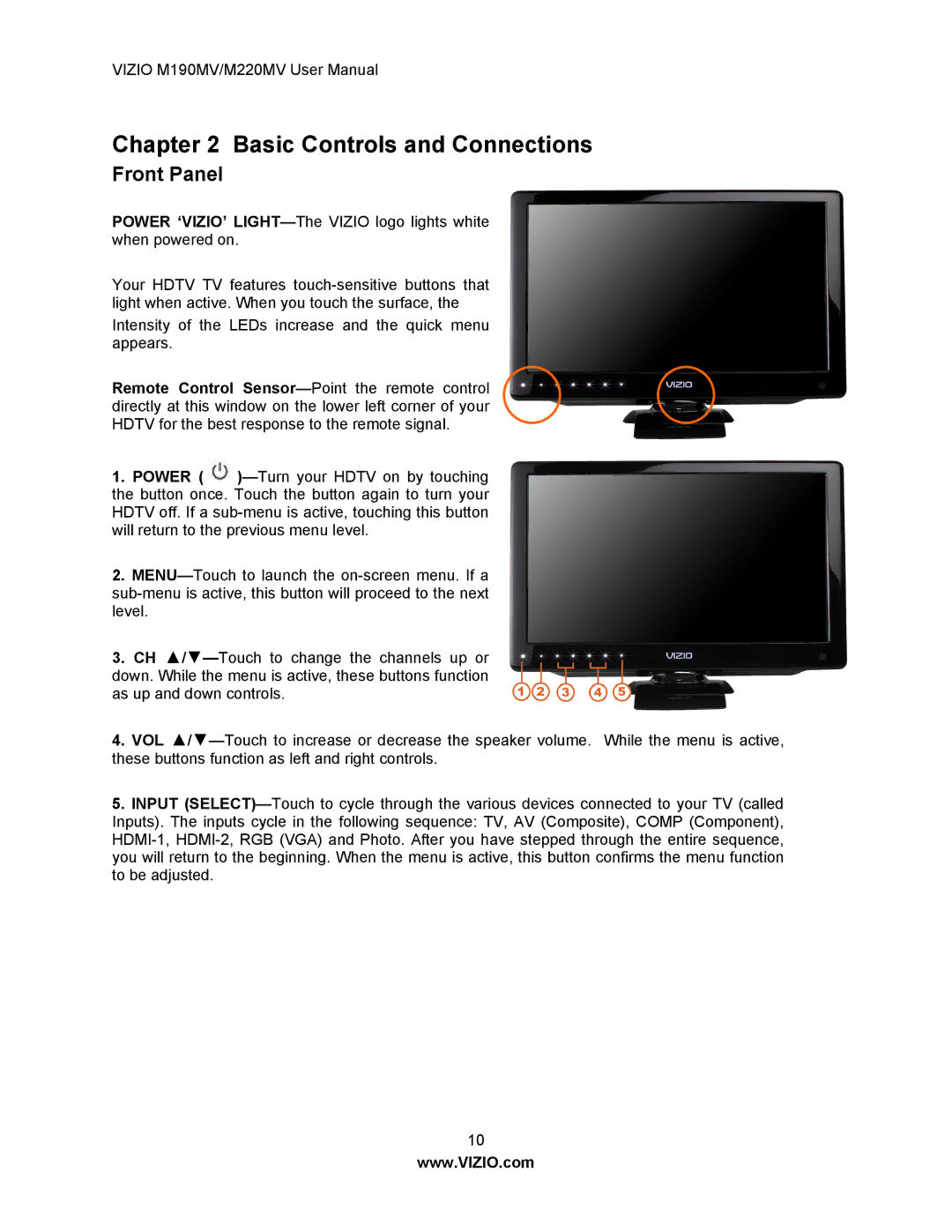 Vizio M190MV/M220MV manual Basic Controls and Connections, Front Panel 