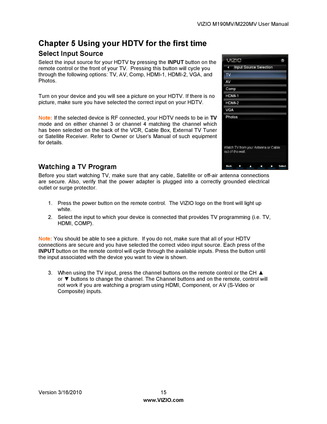 Vizio M190MV/M220MV manual Using your Hdtv for the first time, Select Input Source, Watching a TV Program 