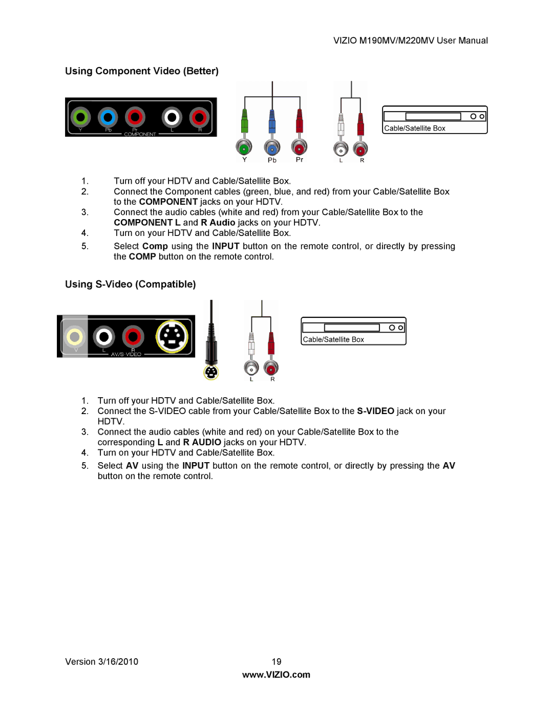 Vizio M190MV/M220MV manual Using Component Video Better, Using S-Video Compatible 