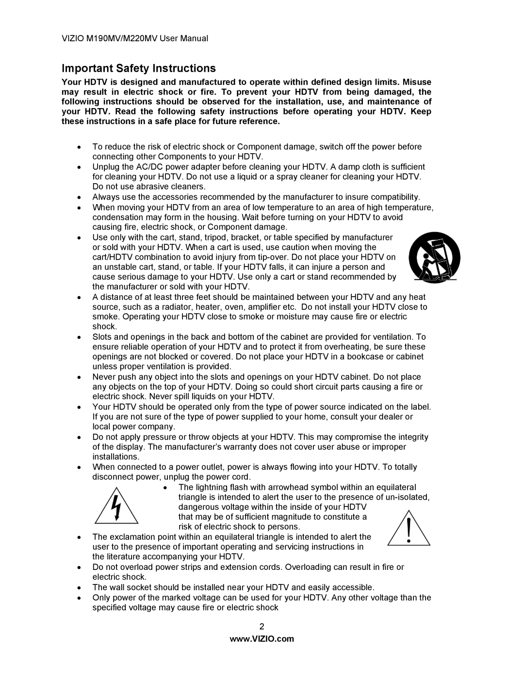 Vizio M190MV/M220MV manual Important Safety Instructions 