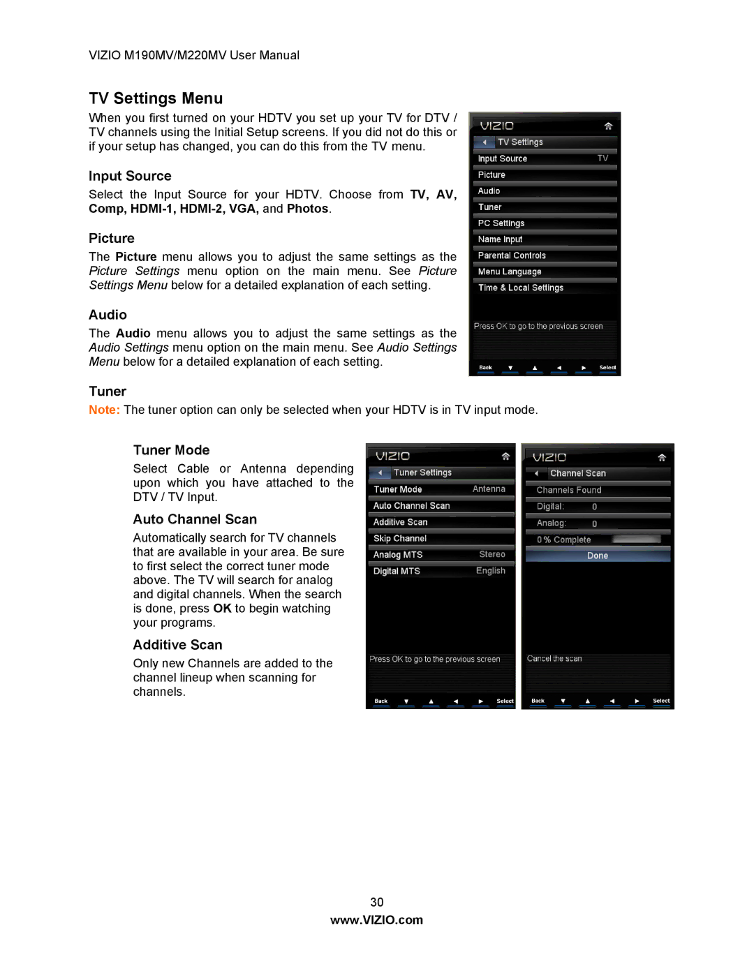 Vizio M190MV/M220MV manual TV Settings Menu 