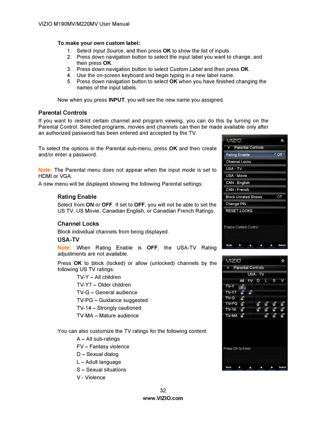 Vizio M190MV/M220MV manual Parental Controls, Rating Enable, Channel Locks, To make your own custom label 