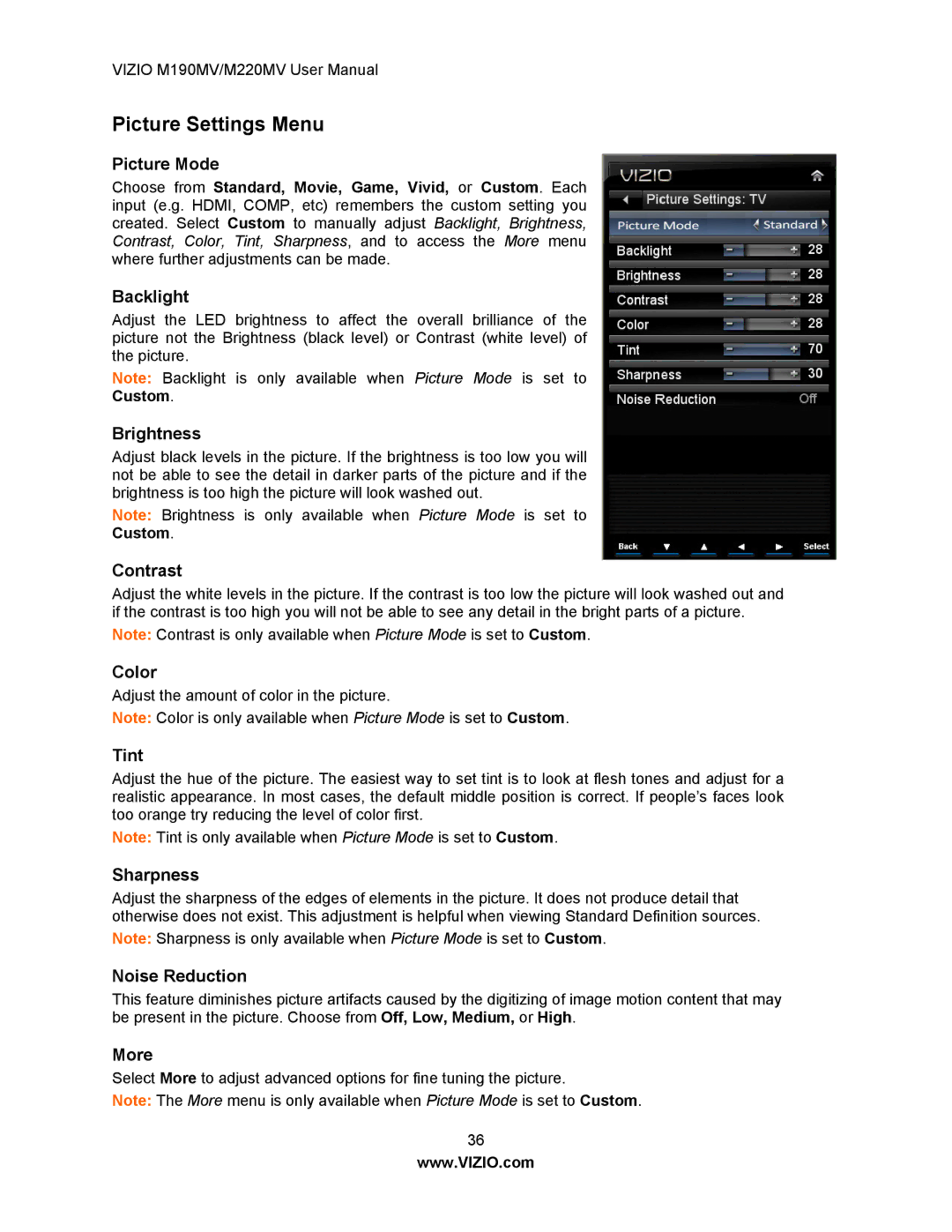 Vizio M190MV/M220MV manual Picture Settings Menu 