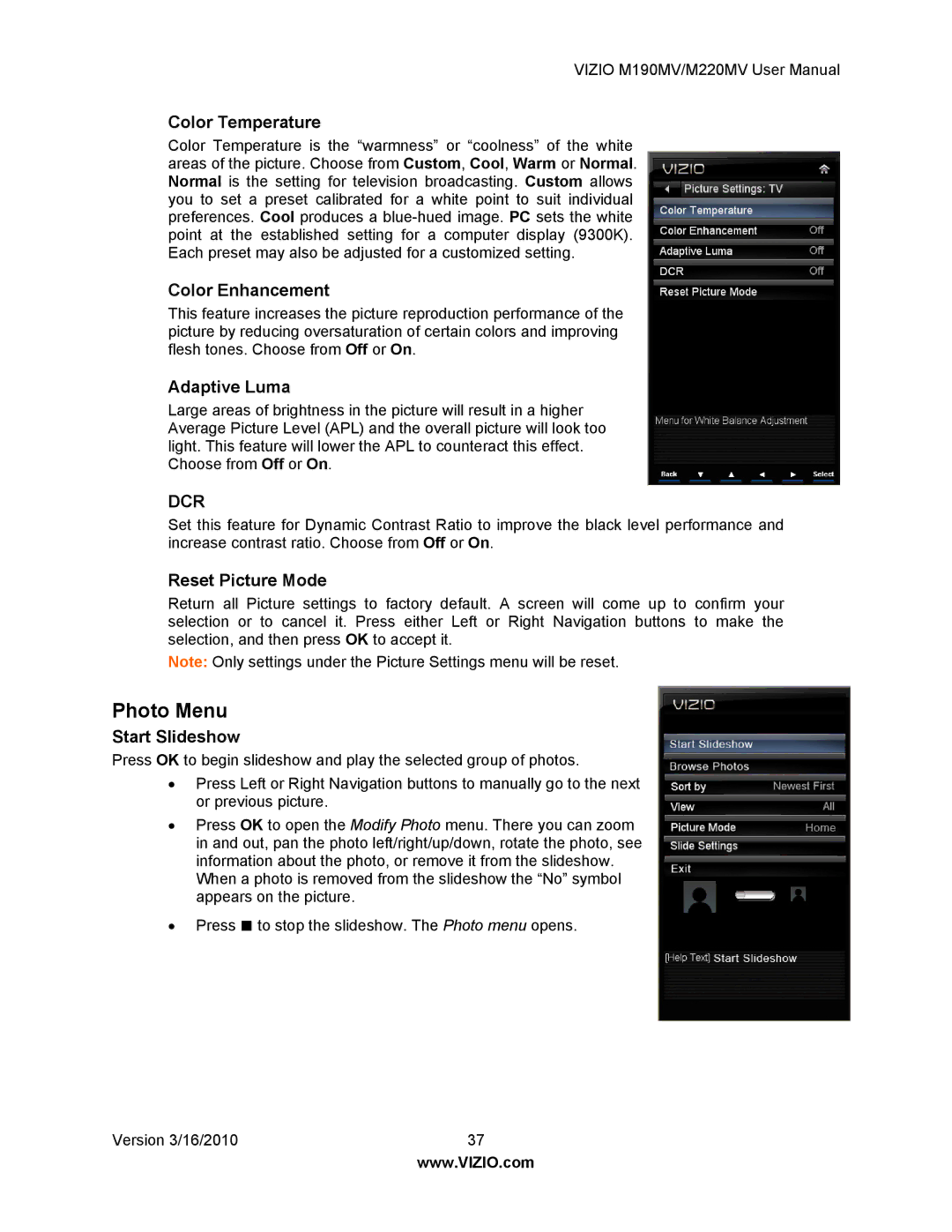 Vizio M190MV/M220MV manual Photo Menu 