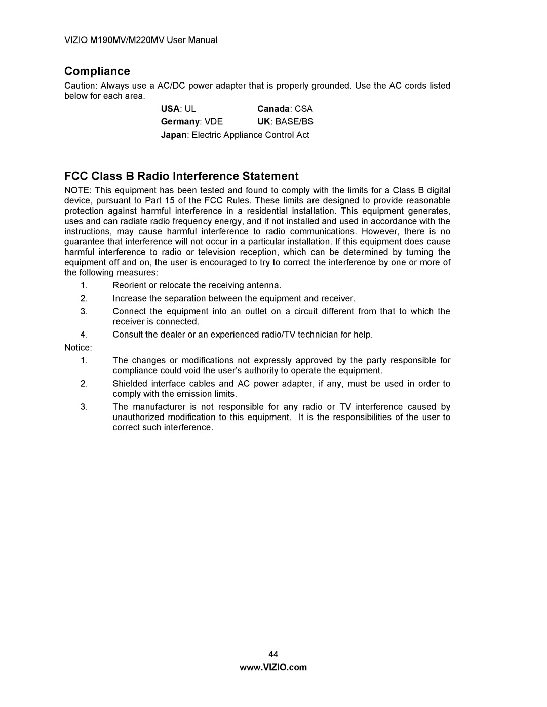 Vizio M190MV/M220MV manual Compliance, FCC Class B Radio Interference Statement 