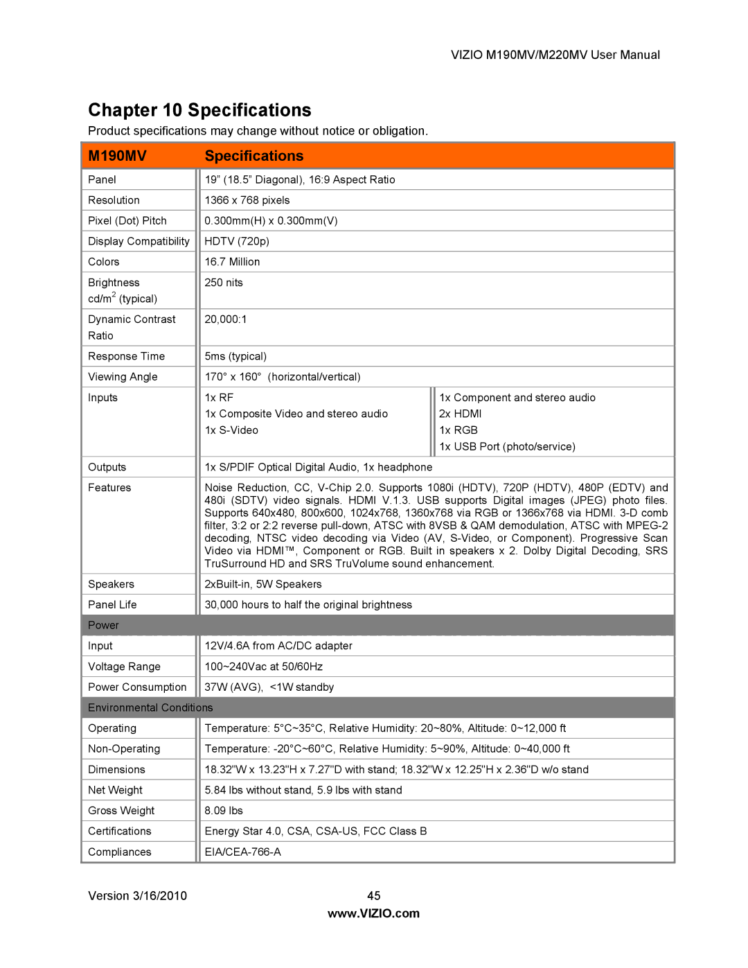 Vizio M190MV/M220MV manual M190MV Specifications 