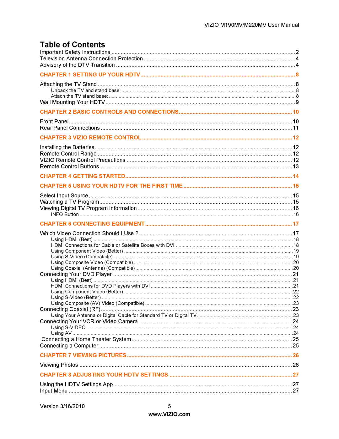 Vizio M190MV/M220MV manual Table of Contents 