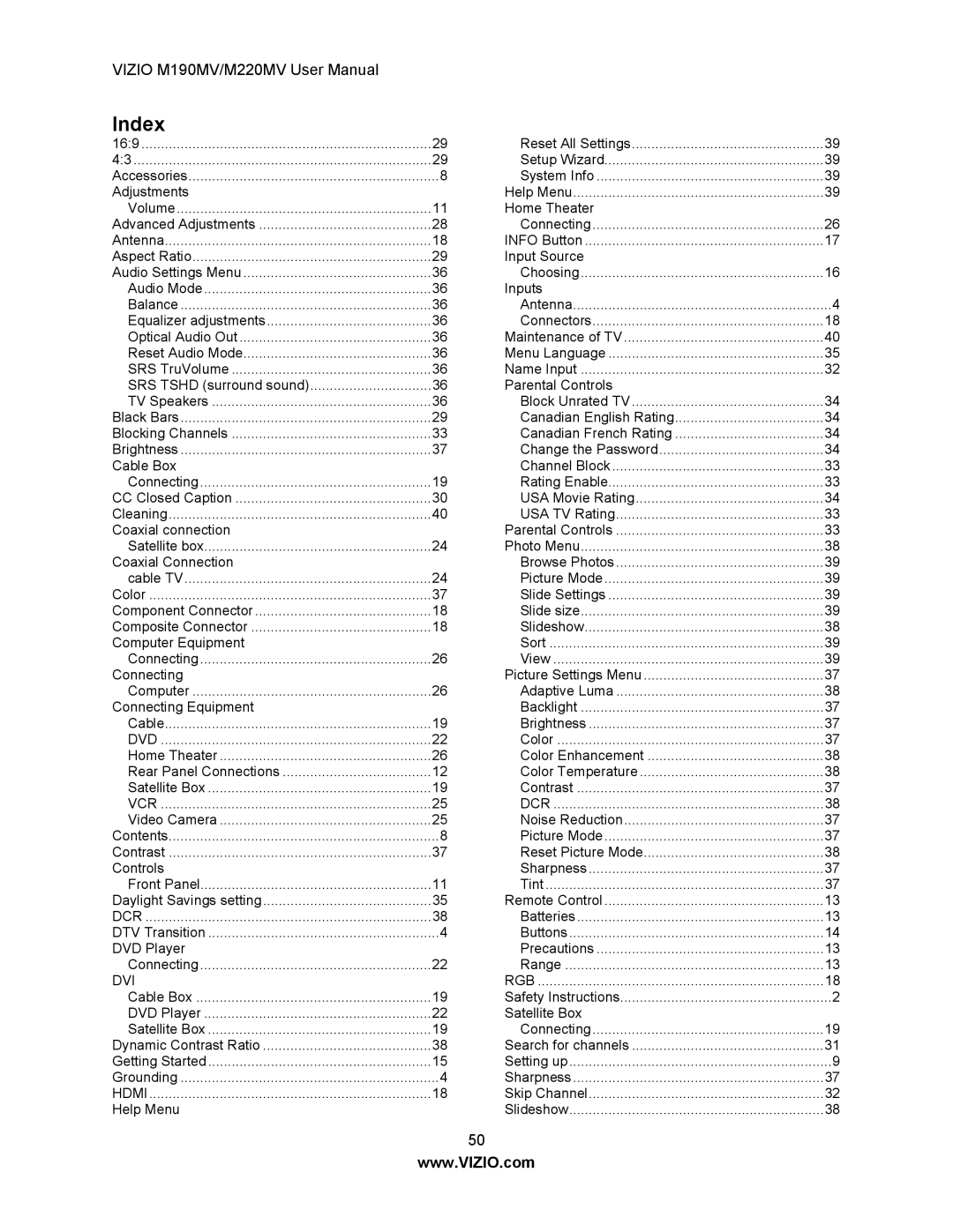 Vizio M190MV/M220MV manual Index 