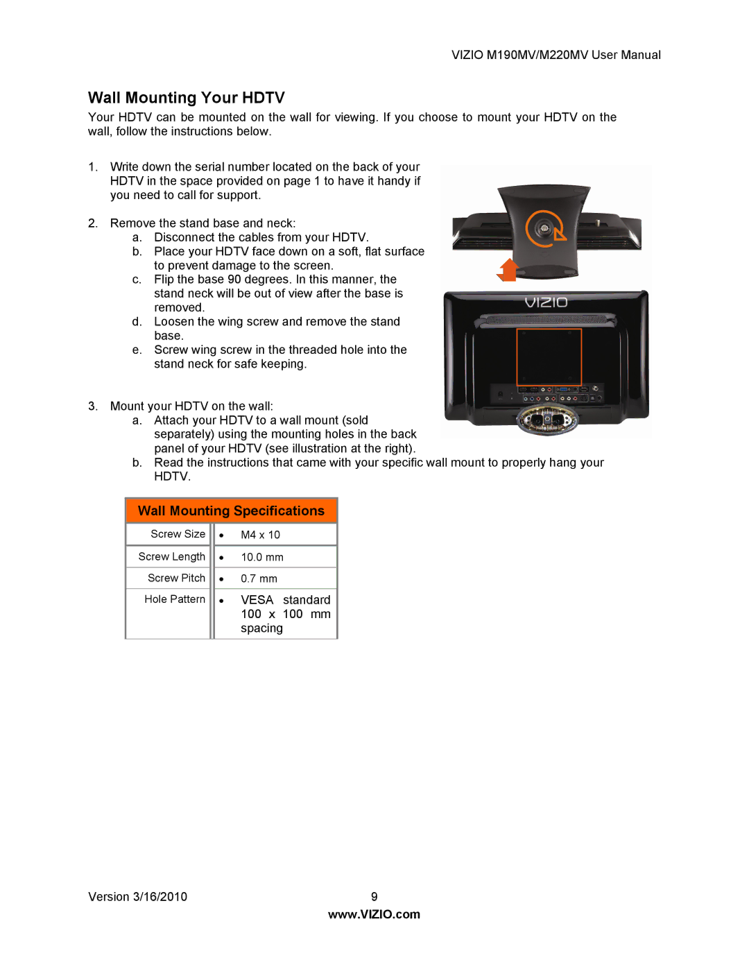 Vizio M190MV/M220MV manual Wall Mounting Your Hdtv, Wall Mounting Specifications 