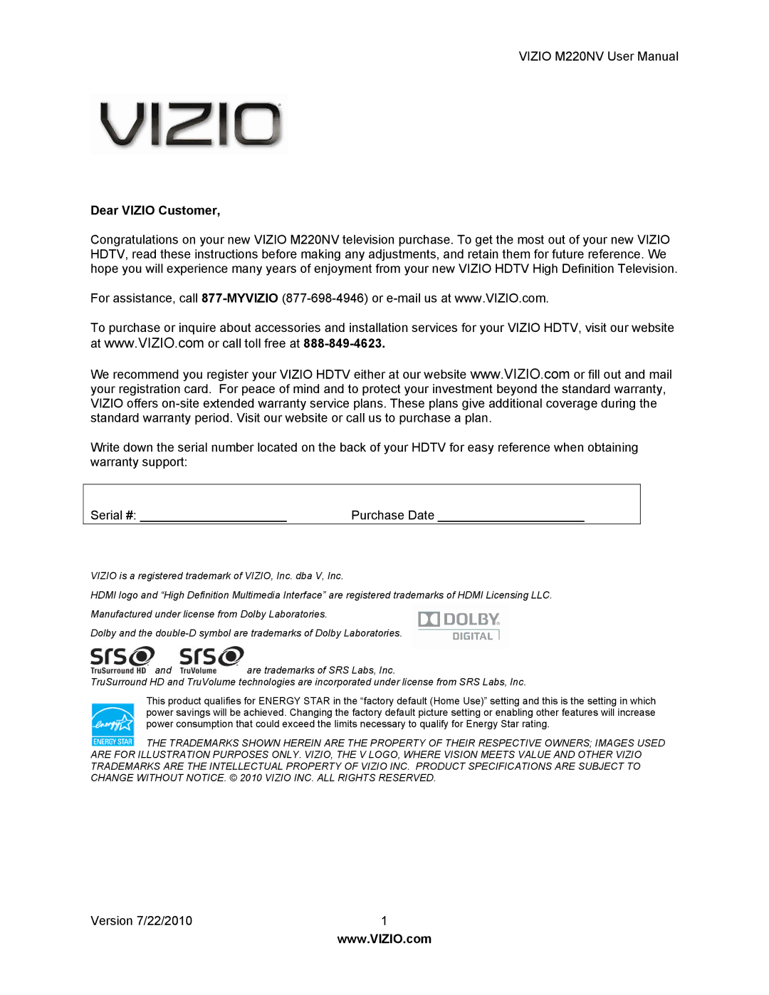 Vizio M220NV user manual Dear Vizio Customer 