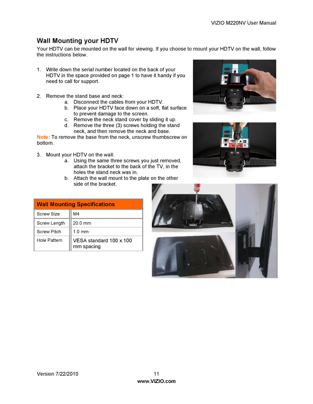 Vizio M220NV user manual Wall Mounting your Hdtv, Wall Mounting Specifications 