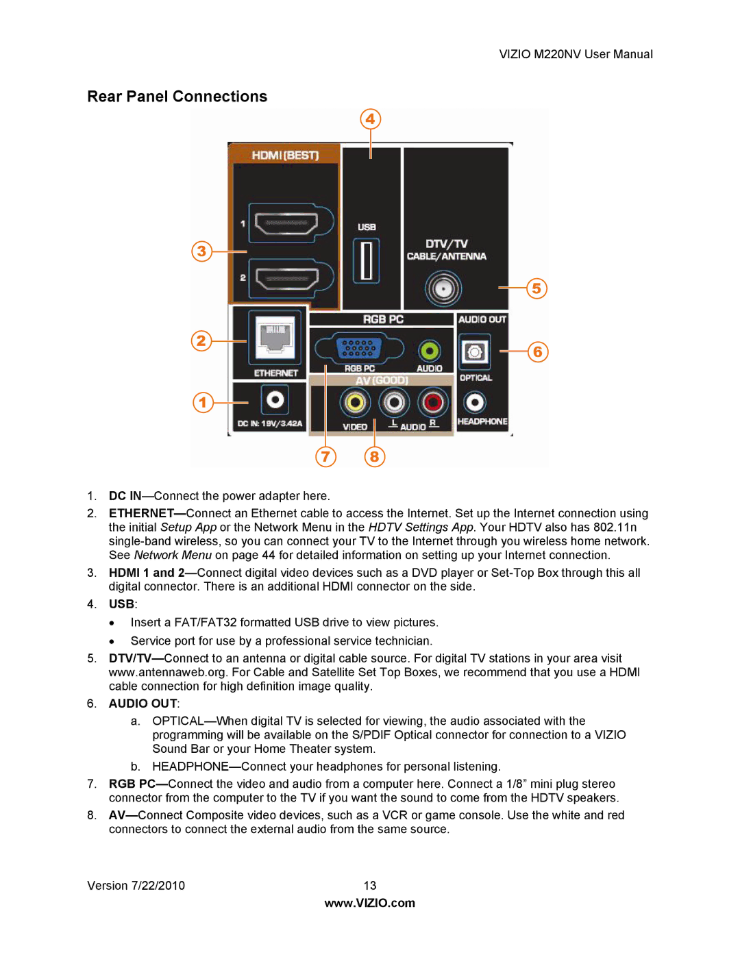 Vizio M220NV user manual Rear Panel Connections, Usb 