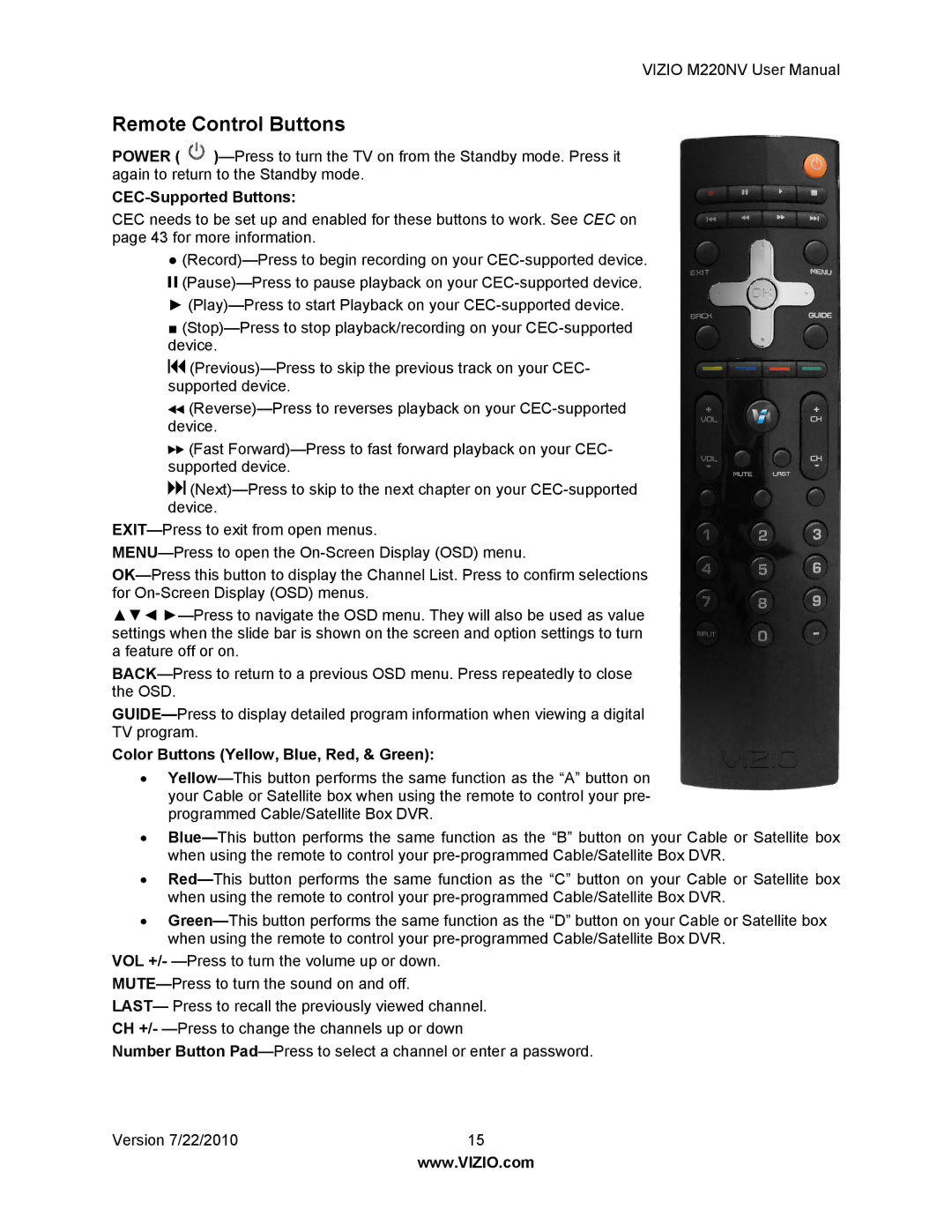 Vizio M220NV user manual Remote Control Buttons, CEC-Supported Buttons, Color Buttons Yellow, Blue, Red, & Green 