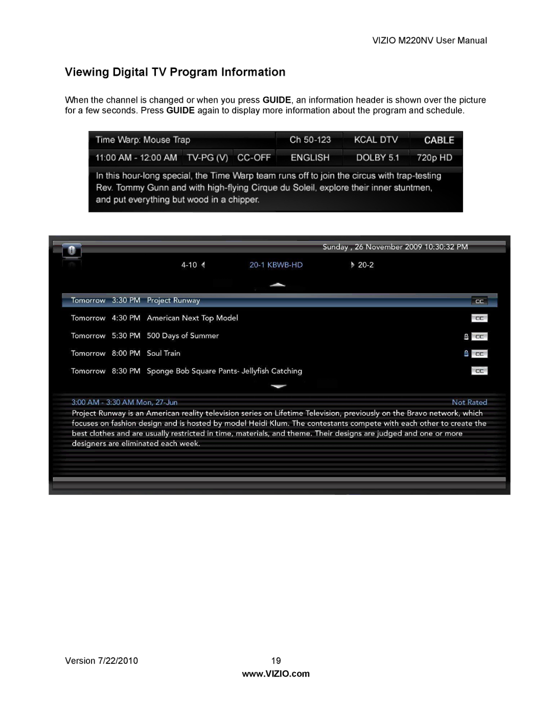 Vizio M220NV user manual Viewing Digital TV Program Information 