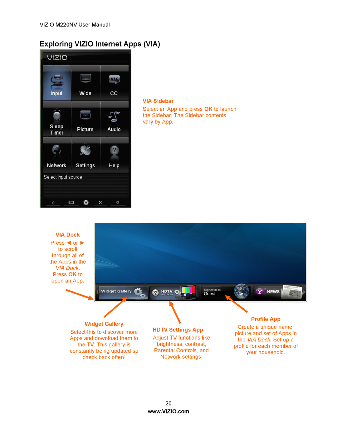 Vizio M220NV user manual Exploring Vizio Internet Apps VIA, Hdtv Settings App 