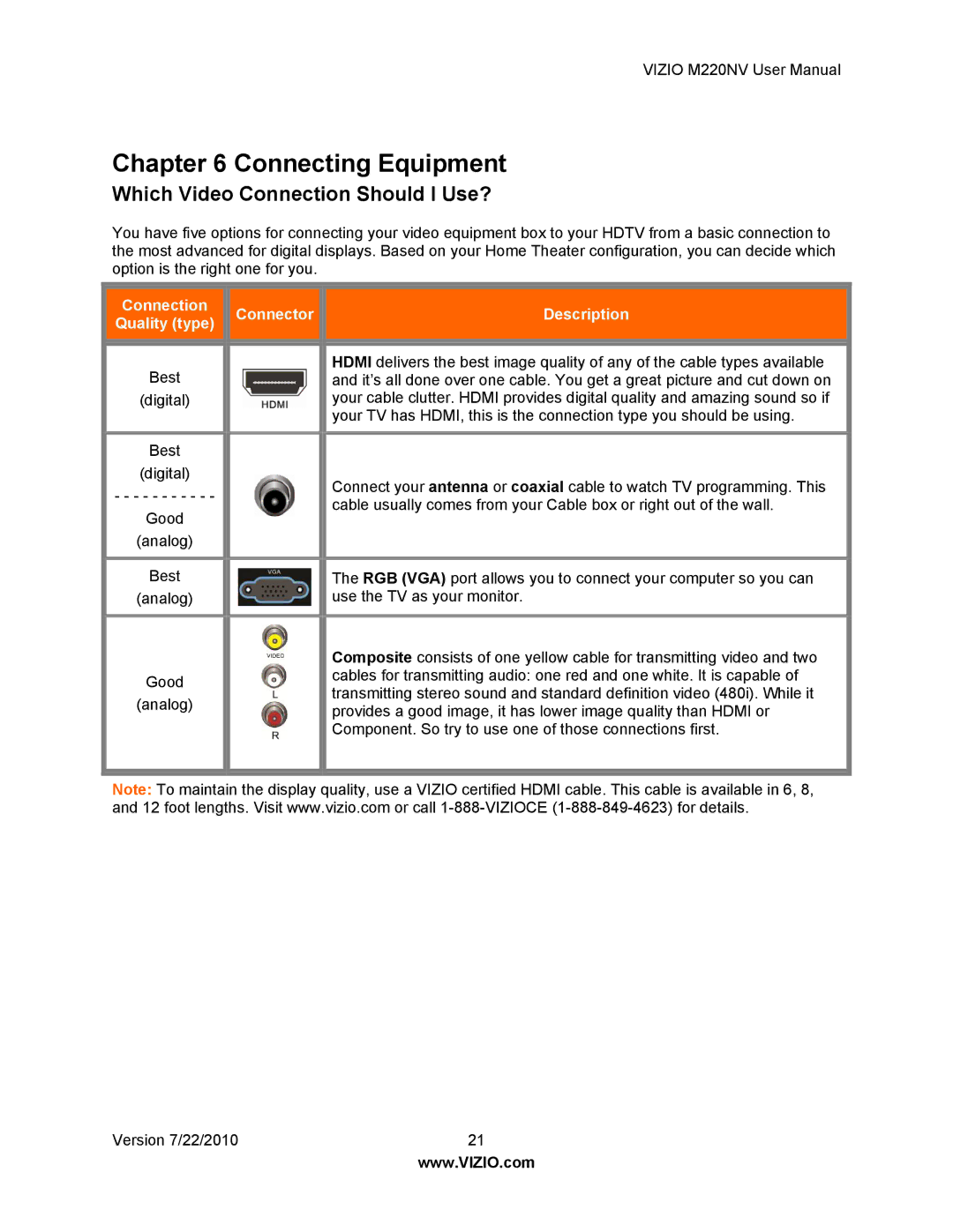 Vizio M220NV user manual Connecting Equipment, Which Video Connection Should I Use? 