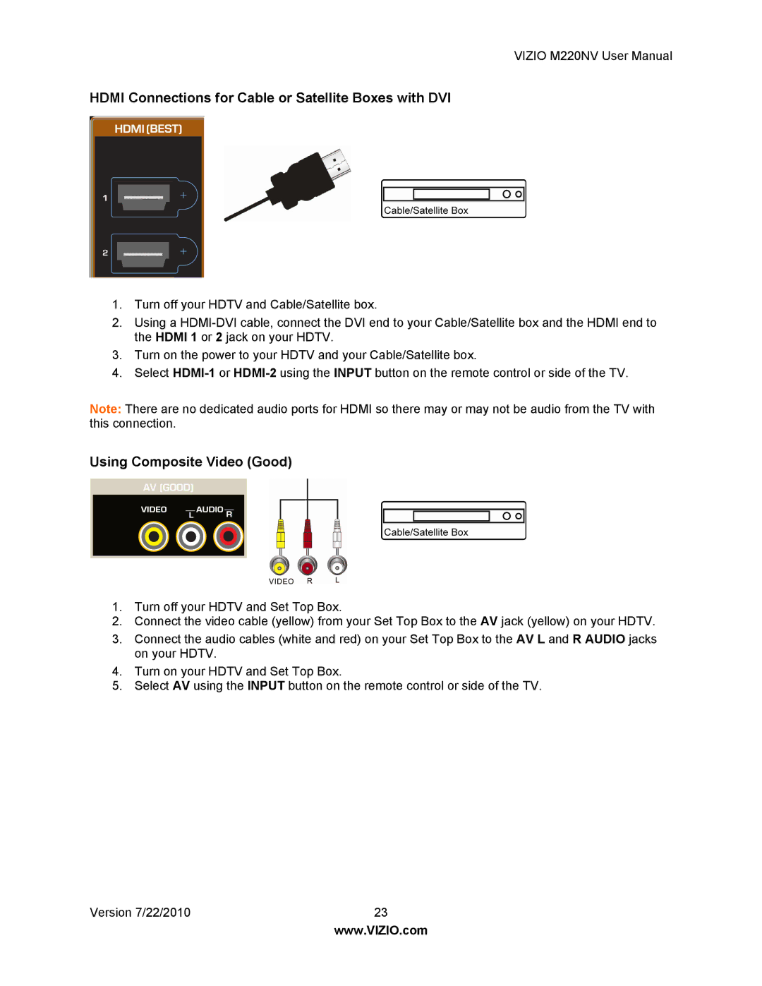 Vizio M220NV user manual Hdmi Connections for Cable or Satellite Boxes with DVI, Using Composite Video Good 