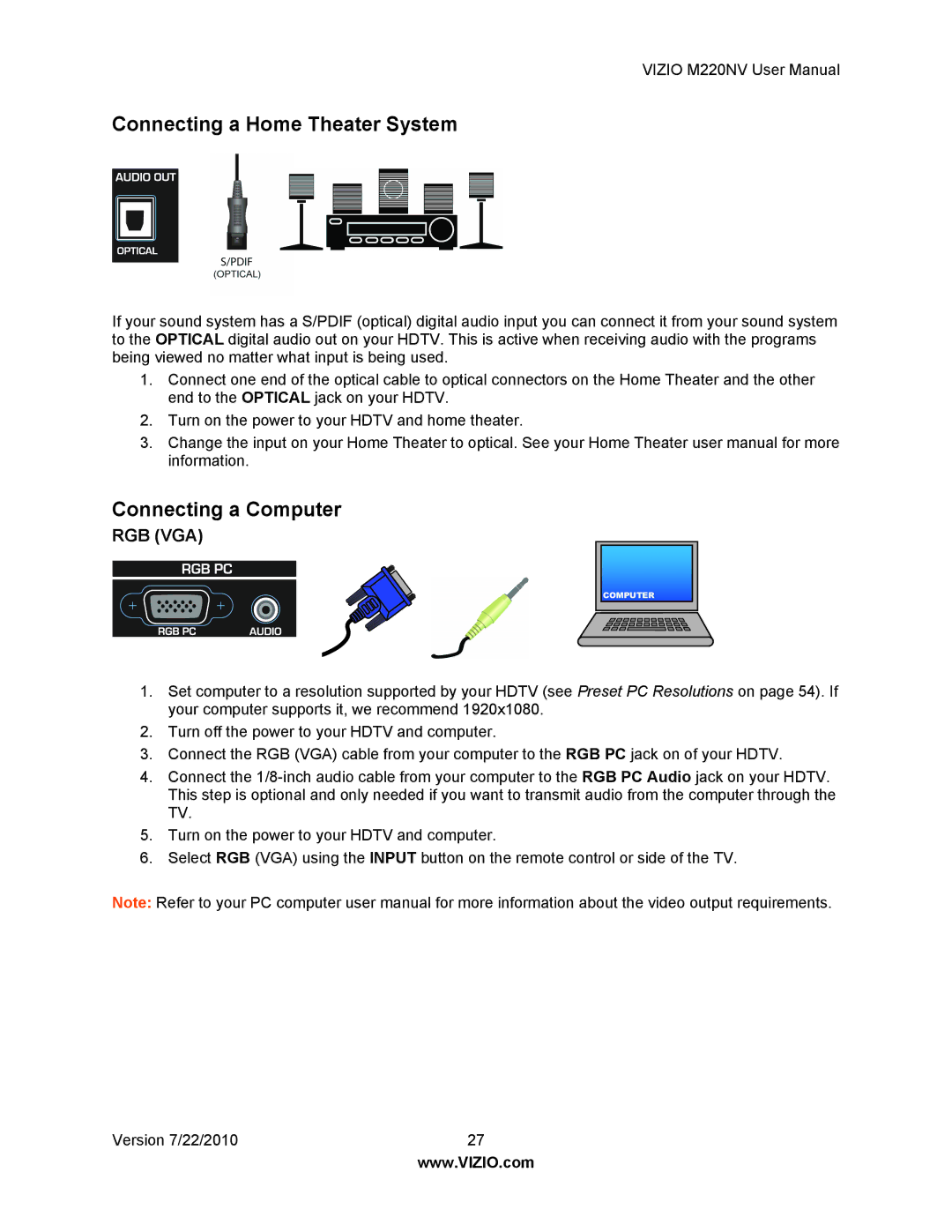 Vizio M220NV user manual Connecting a Home Theater System, Connecting a Computer 