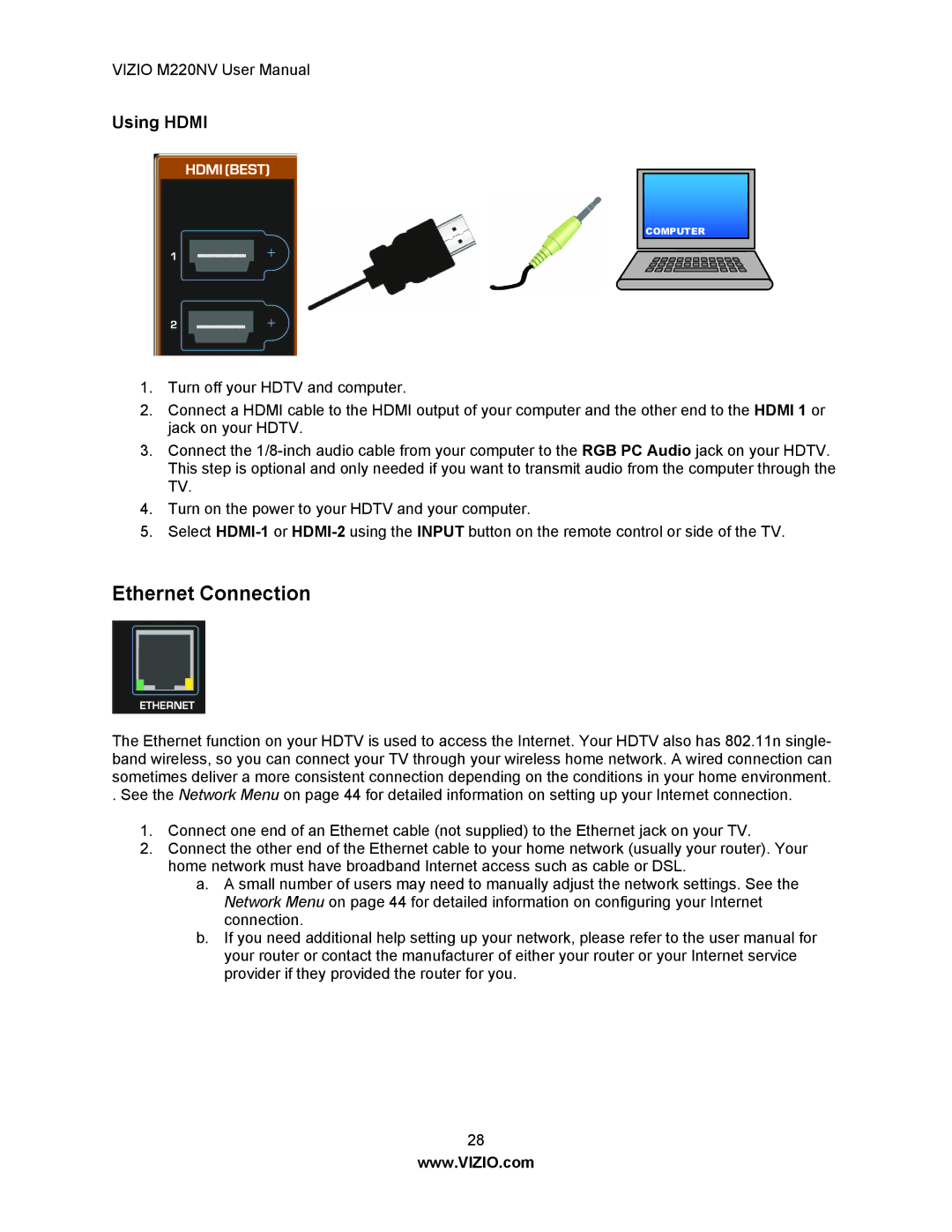 Vizio M220NV user manual Ethernet Connection, Using Hdmi 