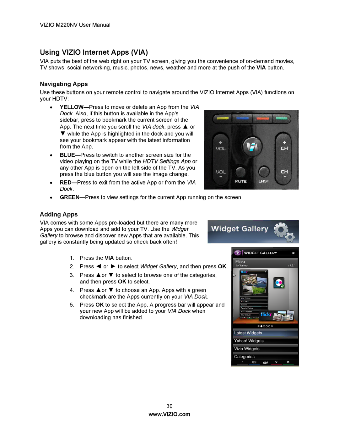 Vizio M220NV user manual Using Vizio Internet Apps VIA, Navigating Apps, Adding Apps 