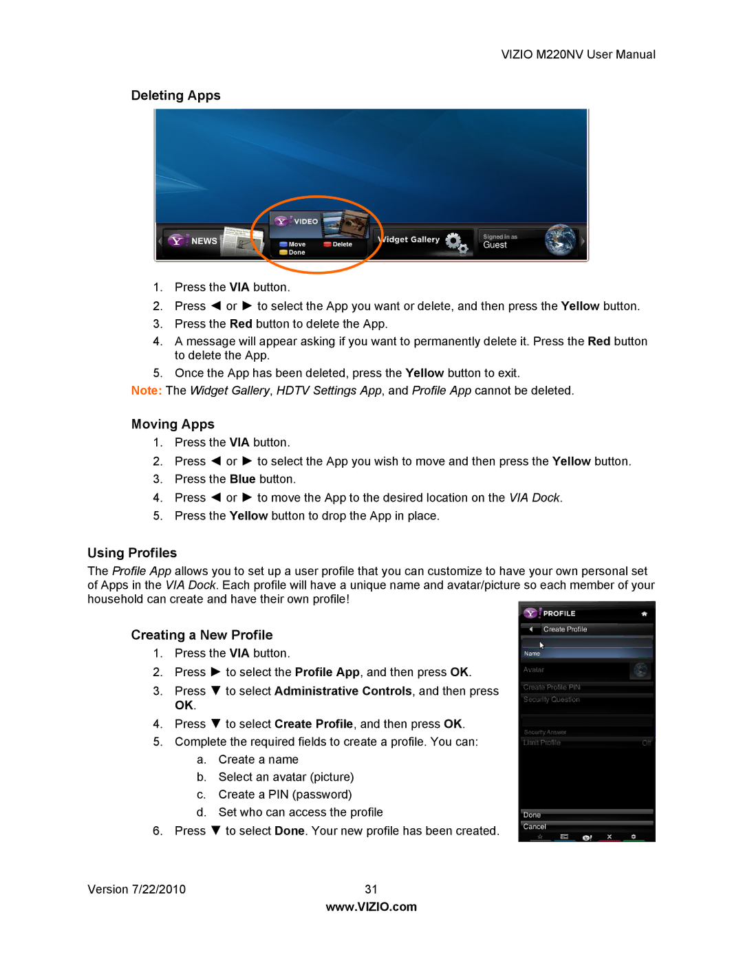 Vizio M220NV user manual Deleting Apps, Moving Apps, Using Profiles, Creating a New Profile 