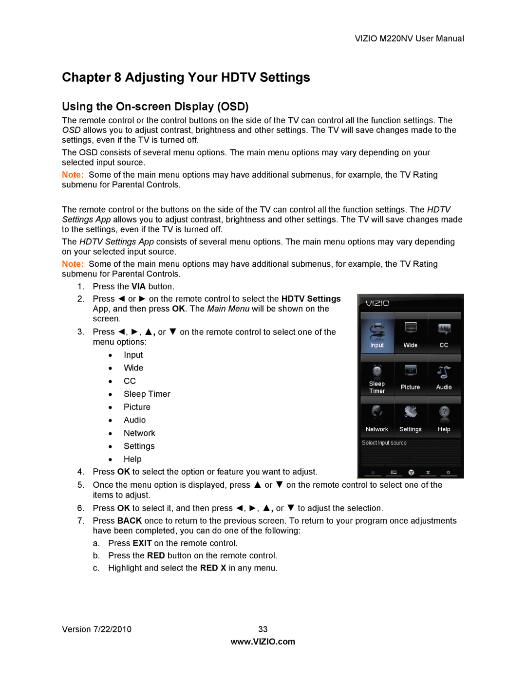 Vizio M220NV user manual Adjusting Your Hdtv Settings, Using the On-screen Display OSD 