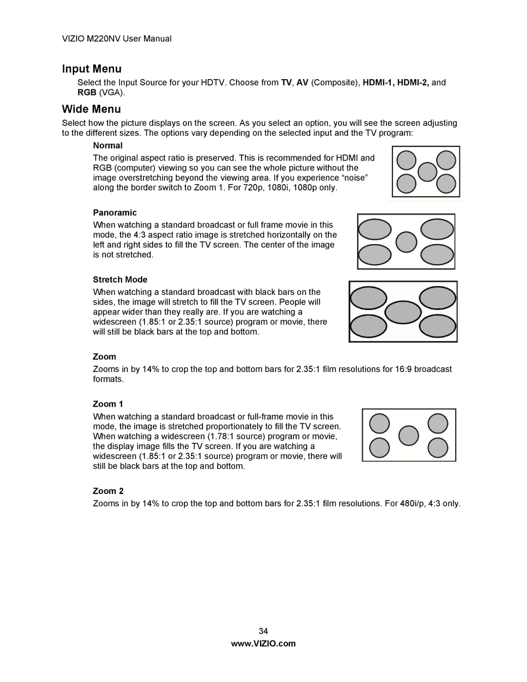 Vizio M220NV user manual Input Menu, Wide Menu 