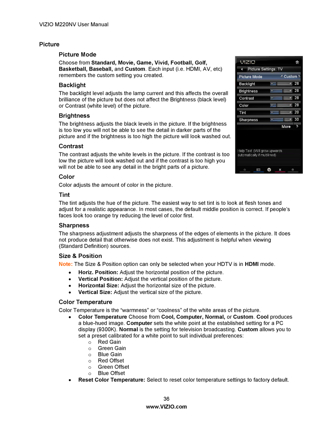 Vizio M220NV user manual Picture Picture Mode, Backlight, Brightness, Contrast, Color, Tint, Sharpness, Size & Position 