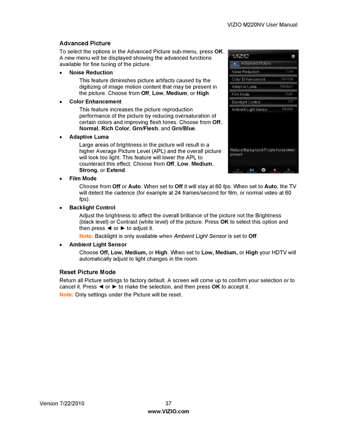 Vizio M220NV user manual Advanced Picture, Reset Picture Mode 