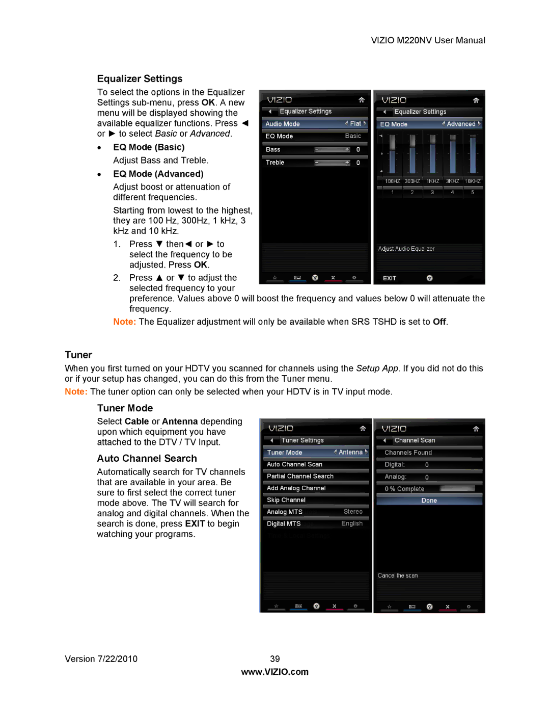 Vizio M220NV user manual Equalizer Settings, Tuner Mode, Auto Channel Search 