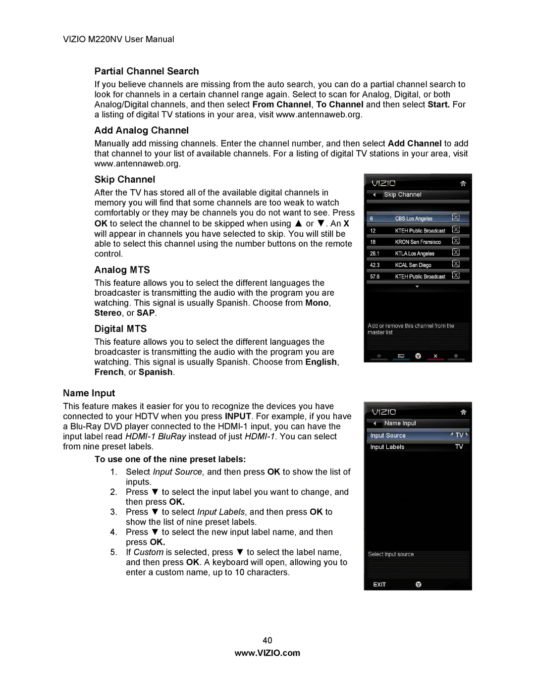 Vizio M220NV user manual Partial Channel Search Add Analog Channel Skip Channel, Analog MTS, Digital MTS, Name Input 