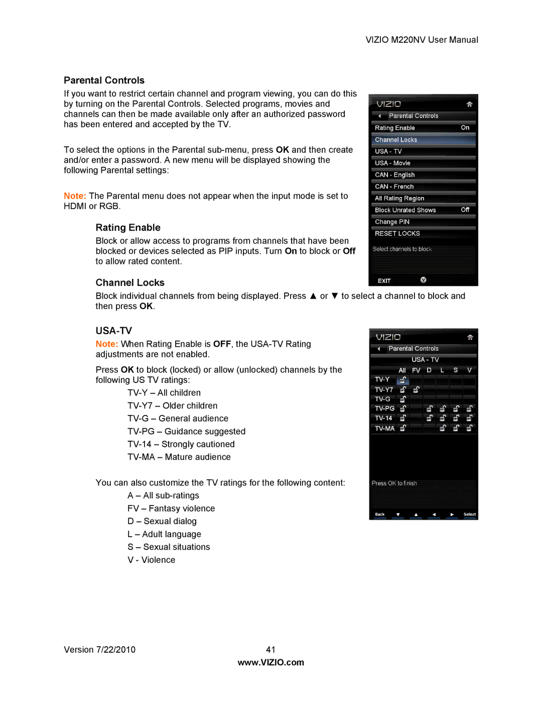 Vizio M220NV user manual Parental Controls, Rating Enable, Channel Locks 