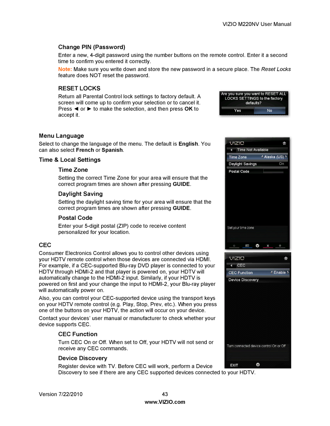 Vizio M220NV user manual Change PIN Password, Menu Language, Time & Local Settings Time Zone, Daylight Saving, Postal Code 