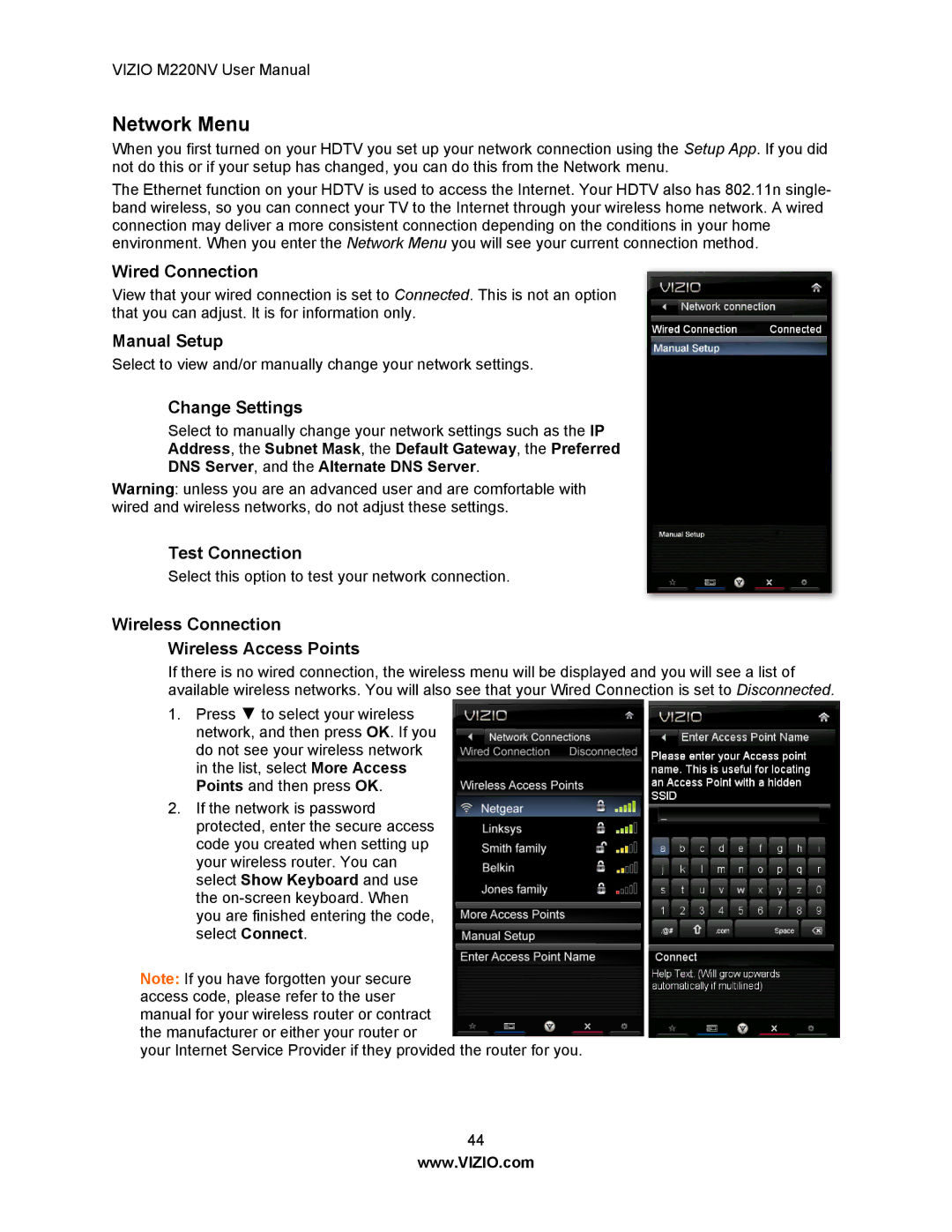 Vizio M220NV user manual Network Menu 