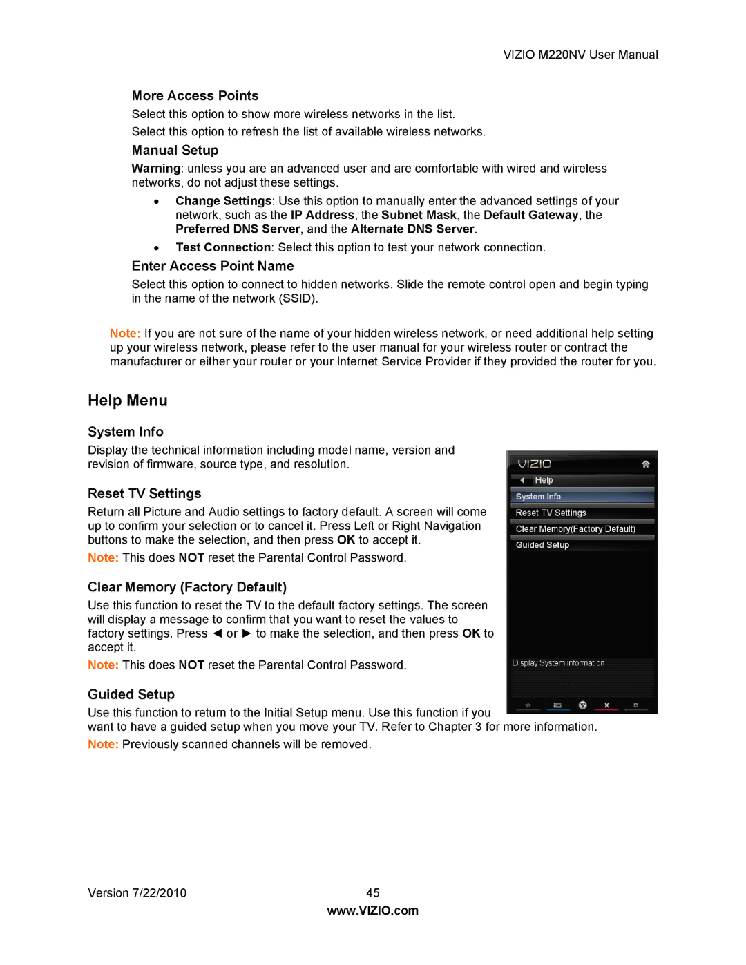 Vizio M220NV user manual Help Menu 