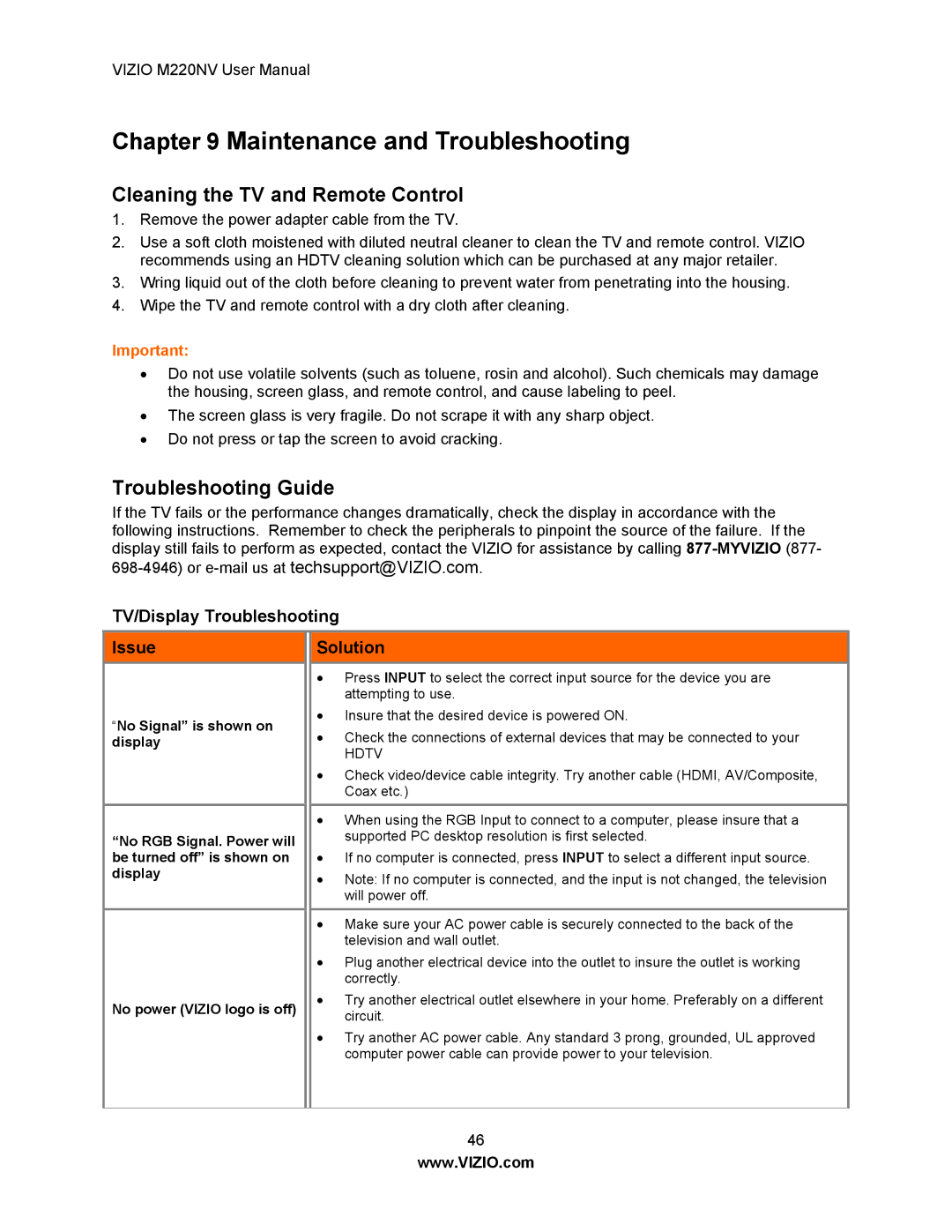 Vizio M220NV Cleaning the TV and Remote Control, Troubleshooting Guide, TV/Display Troubleshooting Issue Solution 