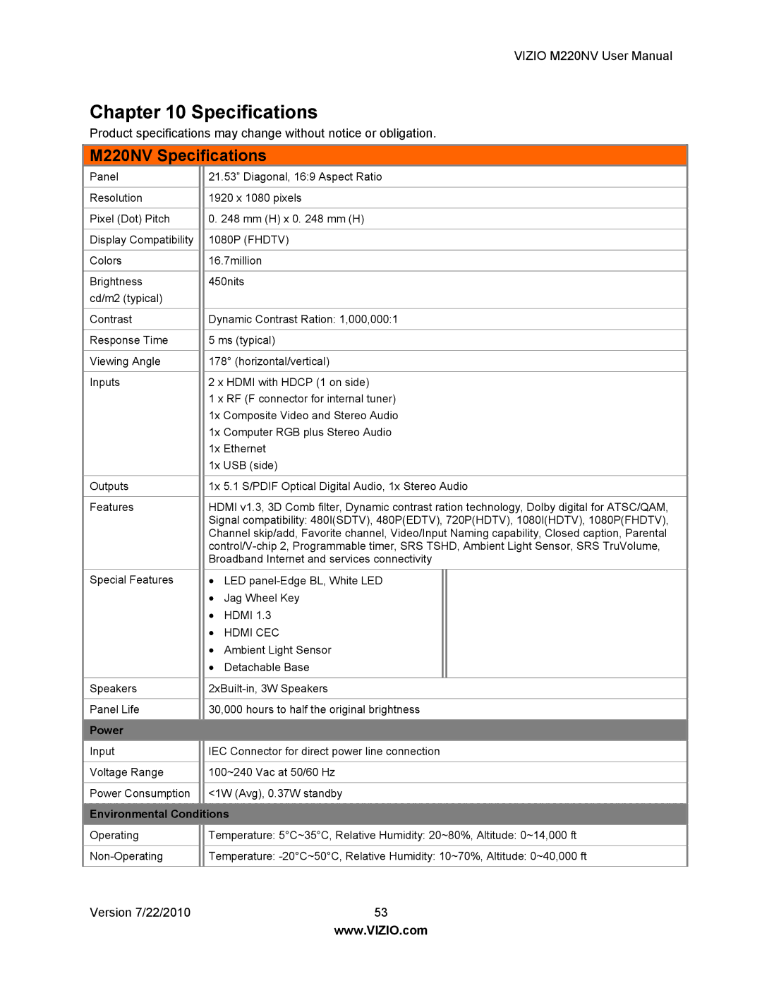 Vizio user manual M220NV Specifications 