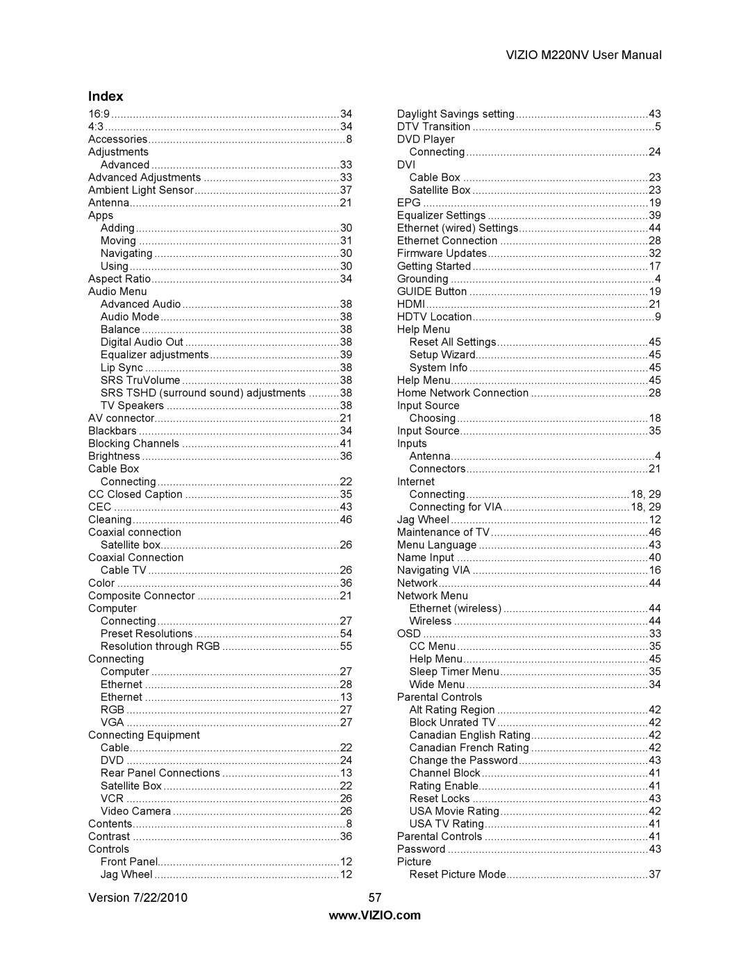 Vizio M220NV user manual Index, Cec 