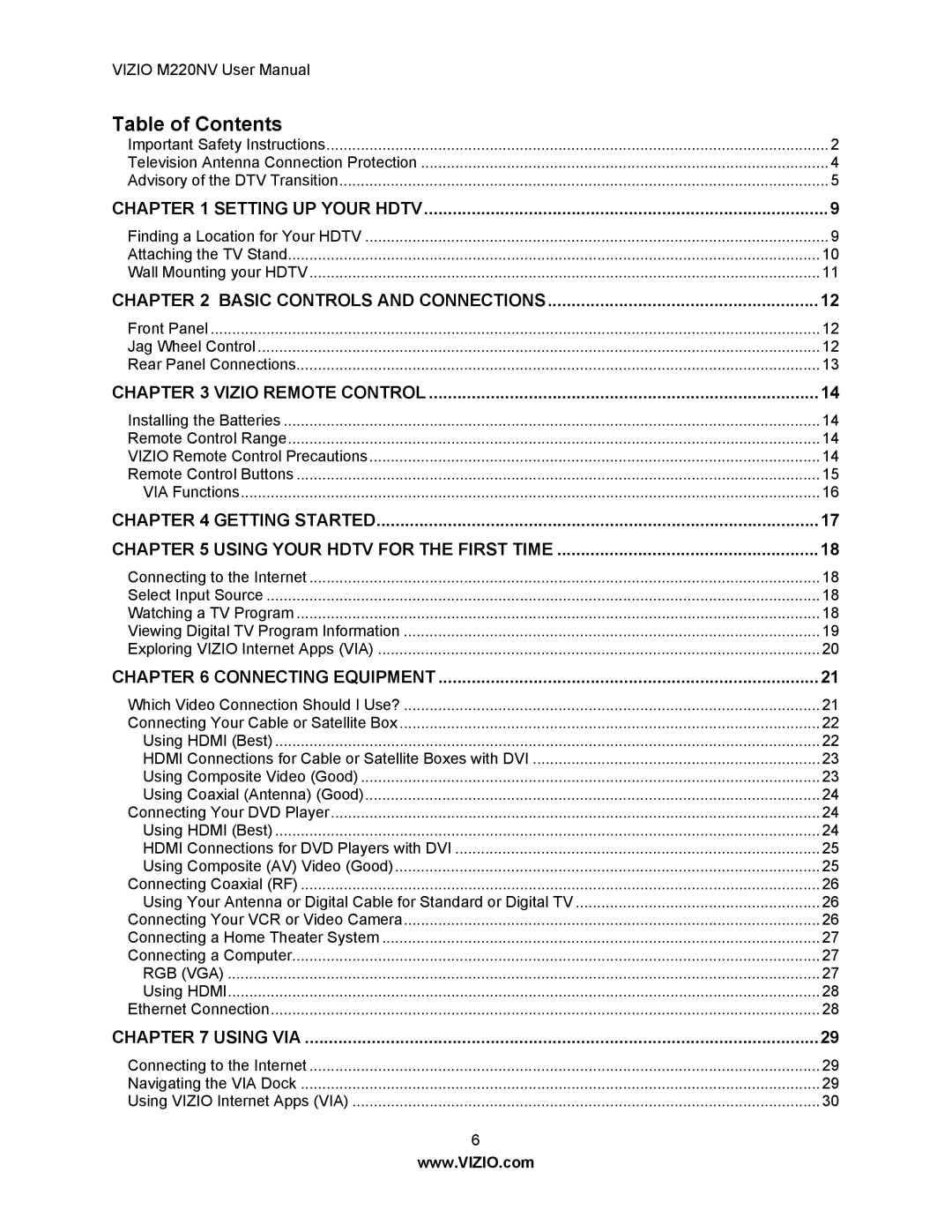 Vizio M220NV user manual Table of Contents 