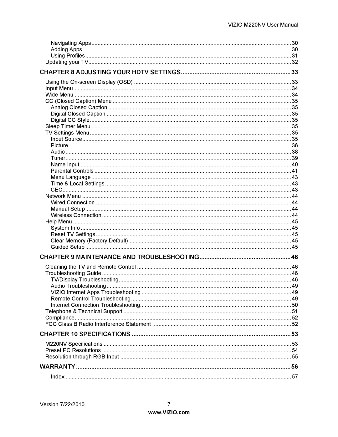 Vizio M220NV user manual Specifications 