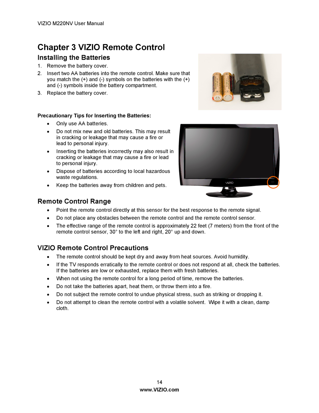 Vizio M220NV manual Installing the Batteries, Remote Control Range, Vizio Remote Control Precautions 